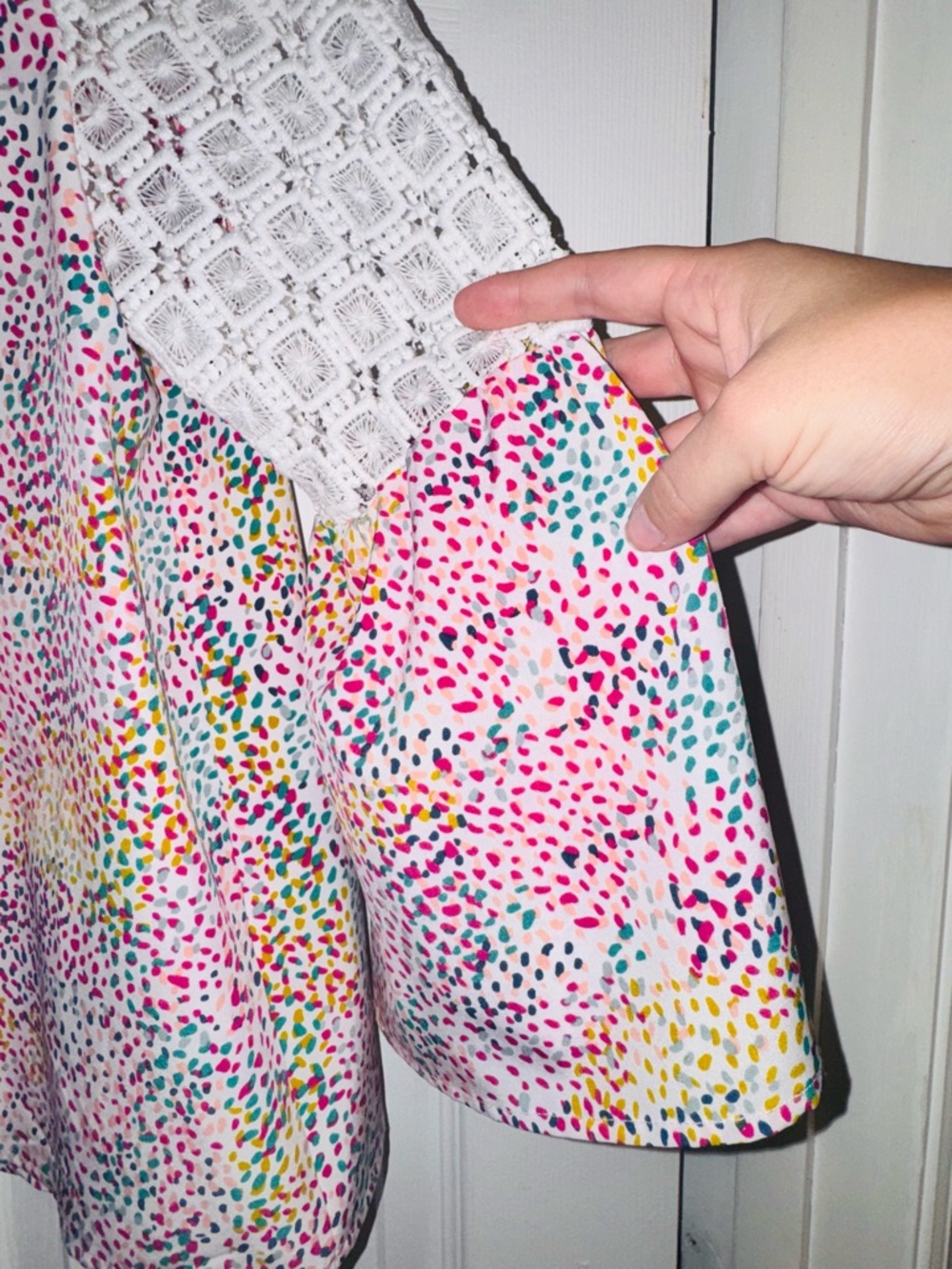 Lace Yoke Floral Dot Peasant Blouse in Pink and White - Picture 3 of 5
